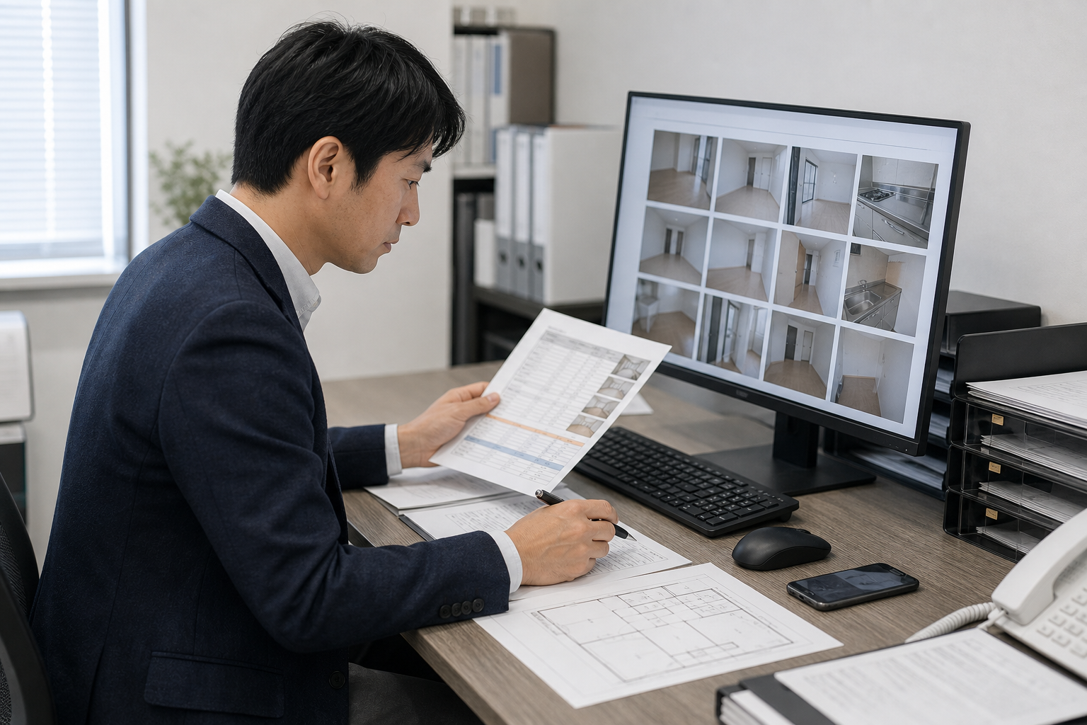 現場写真と対応内容を整理する管理会社担当者