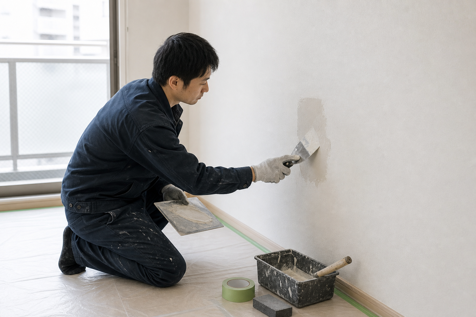 職人が壁面を補修する原状回復工事